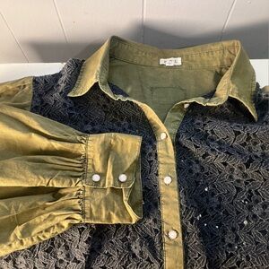 POL Olive Button-Up Shirt with Black Lace